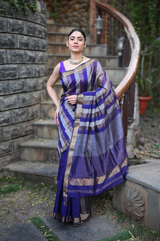 Tarang ~ Handloom Cotton Silk Linear Stripes Sleek Designer Border in Royal Blue