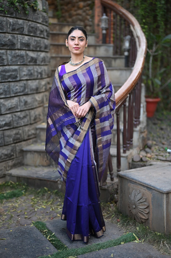 Tarang ~ Handloom Cotton Silk Linear Stripes Sleek Designer Border in Royal Blue