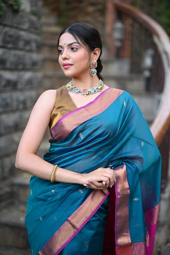 Tarang ~ Handloom Cotton Silk Sleek Designer Border in Teal Blue & Pink