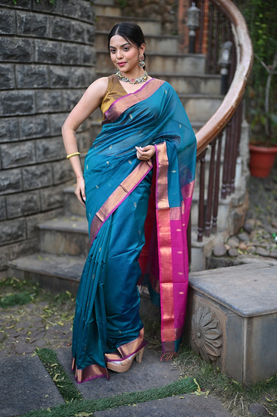 Tarang ~ Handloom Cotton Silk Sleek Designer Border in Teal Blue & Pink