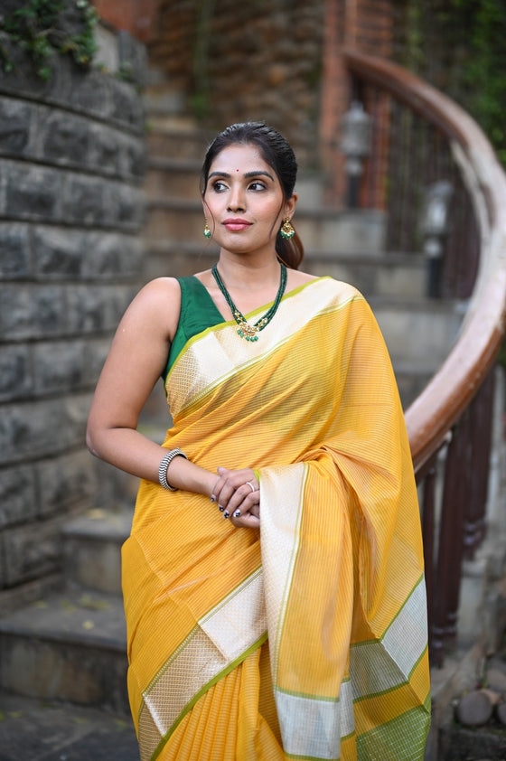 Tarang ~ Handloom Cotton Silk Sleek Designer Border in Sunset Yellow & Green