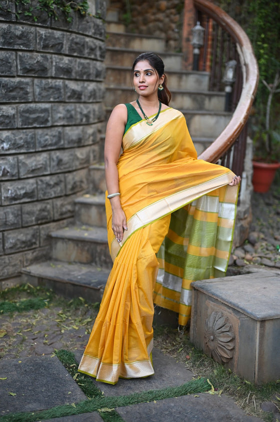Tarang ~ Handloom Cotton Silk Sleek Designer Border in Sunset Yellow & Green