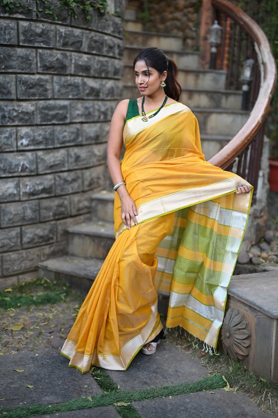 Tarang ~ Handloom Cotton Silk Sleek Designer Border in Sunset Yellow & Green