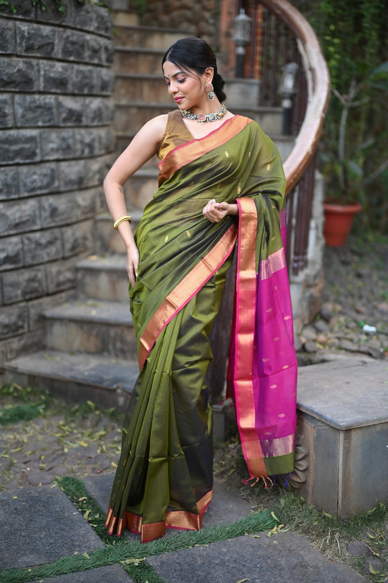 Tarang ~ Handloom Cotton Silk Sleek Designer Border in Mehndi Green & Pink