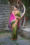 Tarang ~ Handloom Cotton Silk Sleek Designer Border in Mehndi Green & Pink