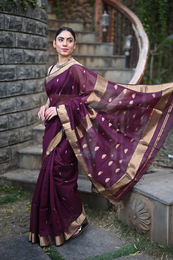 Tarang Exclusive ~ Handloom Cotton Silk Meenawork Sleek Designer Border in Rose Maroon with Buttis