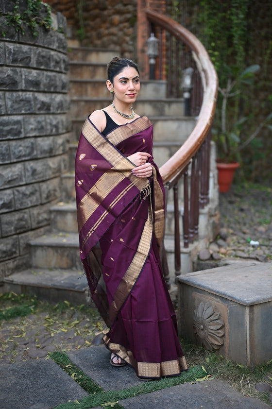 Tarang Exclusive ~ Handloom Cotton Silk Meenawork Sleek Designer Border in Rose Maroon with Buttis