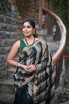 Tarang ~ Handloom Cotton Silk Linear Stripes Sleek Designer Border in Black & Grey Gold