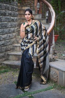 Tarang ~ Handloom Cotton Silk Linear Stripes Sleek Designer Border in Black & Grey Gold