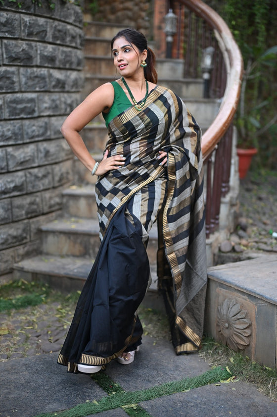 Tarang ~ Handloom Cotton Silk Linear Stripes Sleek Designer Border in Black & Grey Gold