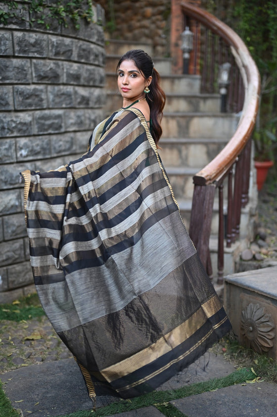 Tarang ~ Handloom Cotton Silk Linear Stripes Sleek Designer Border in Black & Grey Gold