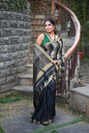 Tarang ~ Handloom Cotton Silk Linear Stripes Sleek Designer Border in Black & Grey Gold