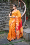 Tarang Exclusive ~ Handloom Cotton Silk Meenawork Buttis Sleek Designer Border in Yellow & Red