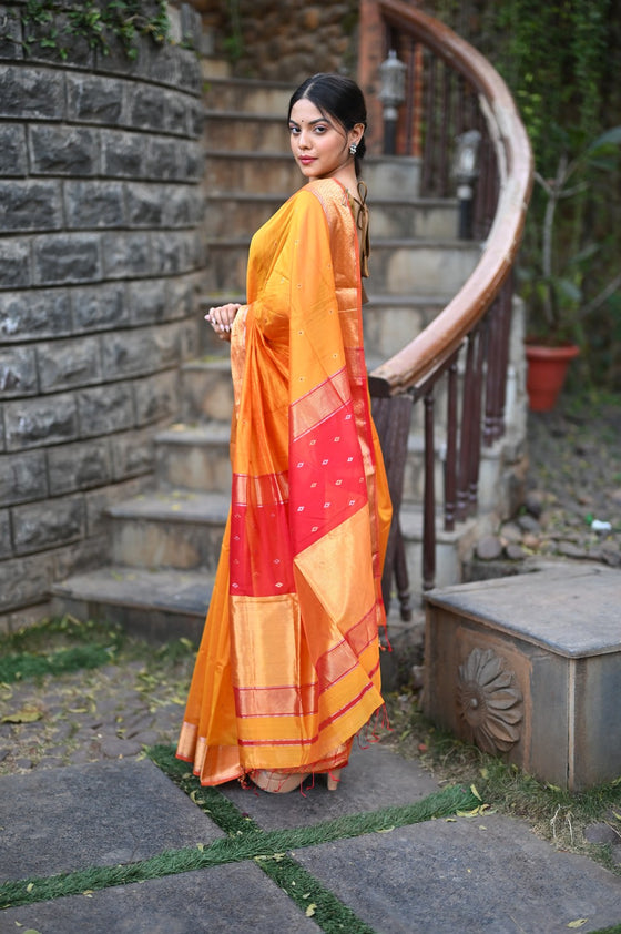 Tarang Exclusive ~ Handloom Cotton Silk Meenawork Buttis Sleek Designer Border in Yellow & Red