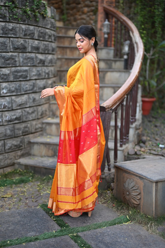 Tarang Exclusive ~ Handloom Cotton Silk Meenawork Buttis Sleek Designer Border in Yellow & Red