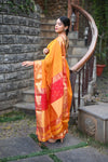 Tarang Exclusive ~ Handloom Cotton Silk Meenawork Buttis Sleek Designer Border in Yellow & Red