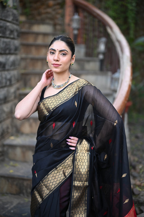 Tarang Exclusive ~ Handloom Cotton Silk Meenawork Buttis Sleek Designer Border in Black & Red