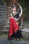Tarang Exclusive ~ Handloom Cotton Silk Meenawork Buttis Sleek Designer Border in Black & Red