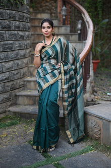  Tarang ~ Handloom Cotton Silk Linear Stripes Sleek Designer Border in Teal Blue & Silver