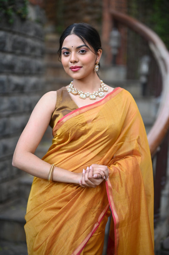 Tarang ~ Handloom Cotton Silk Linear Stripes Sleek Designer Border in Mustard Yellow & Pink