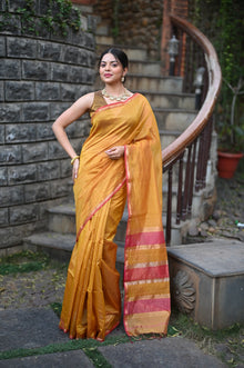  Tarang ~ Handloom Cotton Silk Linear Stripes Sleek Designer Border in Mustard Yellow & Pink