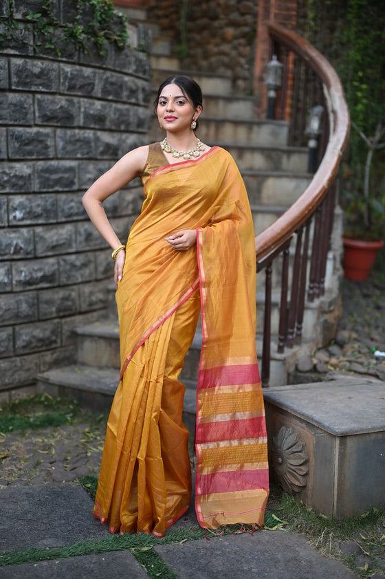 Tarang ~ Handloom Cotton Silk Linear Stripes Sleek Designer Border in Mustard Yellow & Pink