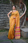 Tarang ~ Handloom Cotton Silk Linear Stripes Sleek Designer Border in Mustard Yellow & Pink