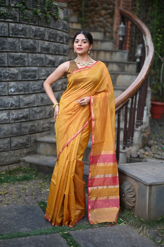Tarang ~ Handloom Cotton Silk Linear Stripes Sleek Designer Border in Mustard Yellow & Pink