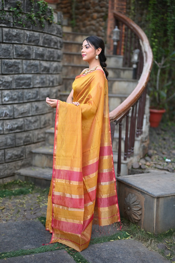 Tarang ~ Handloom Cotton Silk Linear Stripes Sleek Designer Border in Mustard Yellow & Pink
