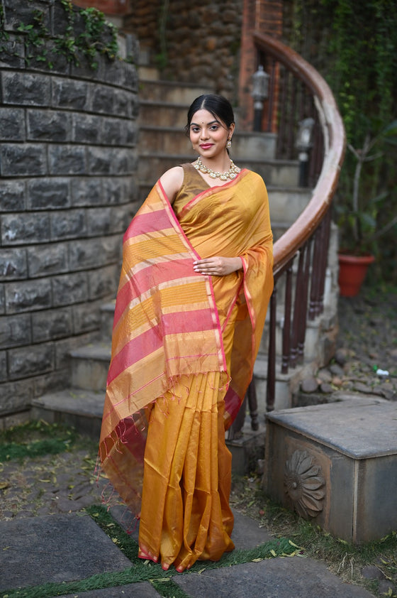 Tarang ~ Handloom Cotton Silk Linear Stripes Sleek Designer Border in Mustard Yellow & Pink
