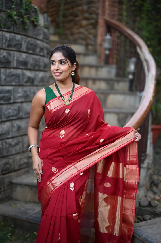 Tarang ~ Handloom Cotton Silk Sleek Designer Border in Limelight Red with Buttis