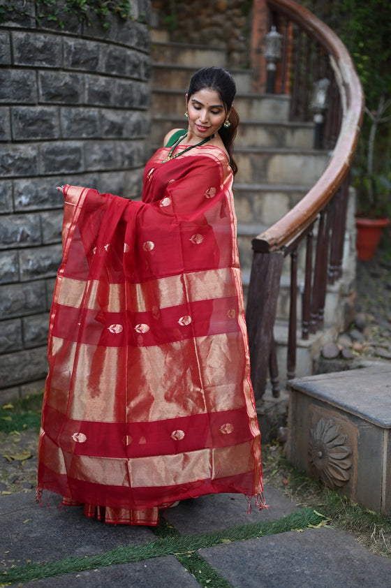 Tarang ~ Handloom Cotton Silk Sleek Designer Border in Limelight Red with Buttis