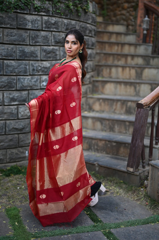 Tarang ~ Handloom Cotton Silk Sleek Designer Border in Limelight Red with Buttis