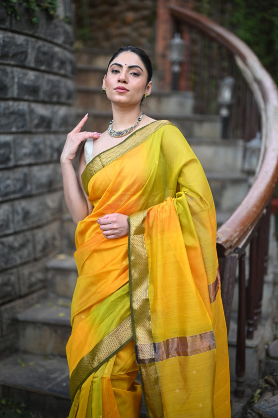 Tarang ~ Handloom Cotton Silk Sleek Designer Border in Limelight Yellow with Rainbow Shien