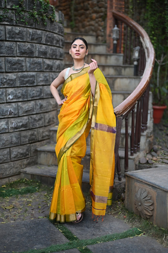Tarang ~ Handloom Cotton Silk Sleek Designer Border in Limelight Yellow with Rainbow Shien