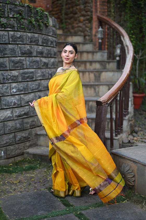 Tarang ~ Handloom Cotton Silk Sleek Designer Border in Limelight Yellow with Rainbow Shien