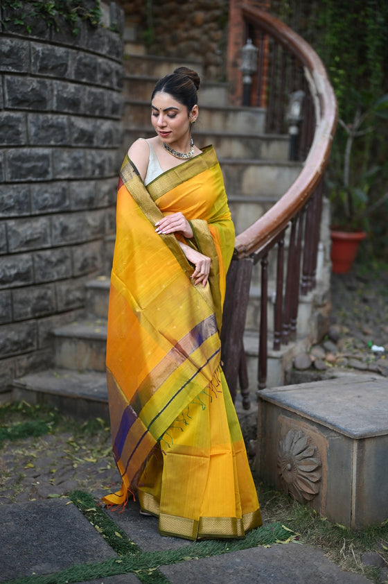 Tarang ~ Handloom Cotton Silk Sleek Designer Border in Limelight Yellow with Rainbow Shien