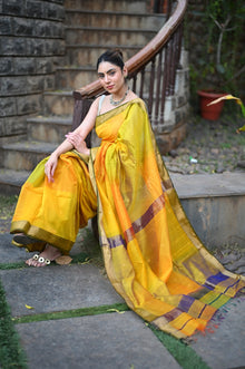  Tarang ~ Handloom Cotton Silk Sleek Designer Border in Limelight Yellow with Rainbow Shien
