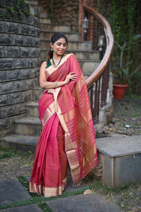 Tarang ~ Handloom Cotton Silk Sleek Designer Border in Beige Pink