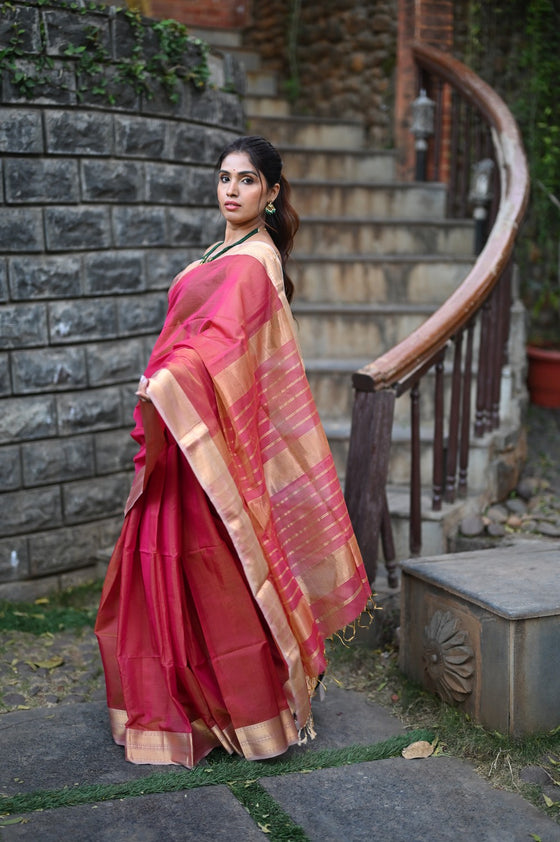 Tarang ~ Handloom Cotton Silk Sleek Designer Border in Beige Pink