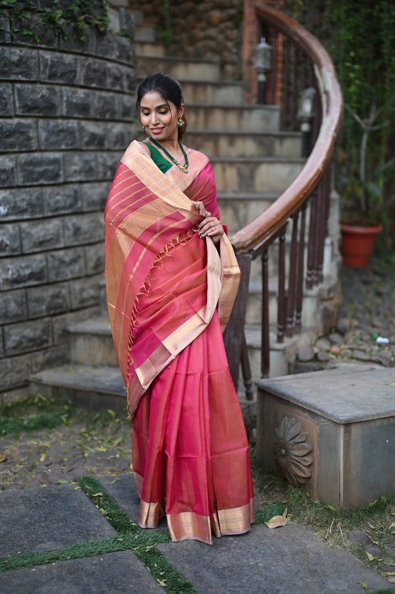 Tarang ~ Handloom Cotton Silk Sleek Designer Border in Beige Pink