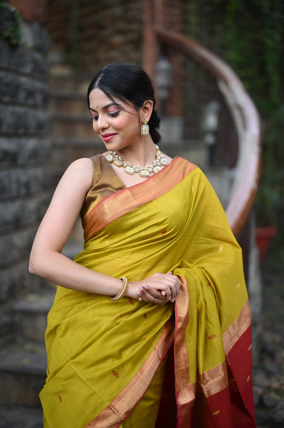 Tarang ~ Handloom Cotton Silk Sleek Designer Border in Olive Yellow