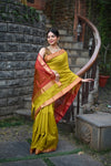 Tarang ~ Handloom Cotton Silk Sleek Designer Border in Olive Yellow
