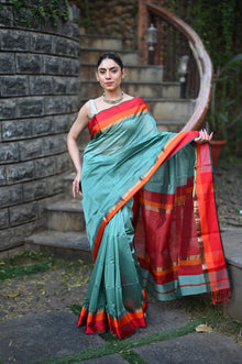  Tarang ~ Handloom Cotton Silk Sleek Designer Border in Limelight Blue & Red