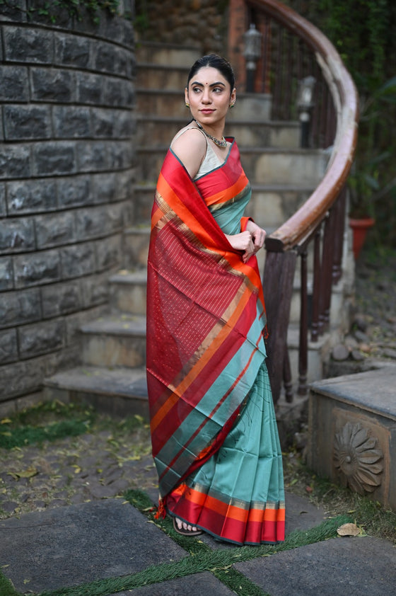 Tarang ~ Handloom Cotton Silk Sleek Designer Border in Limelight Blue & Red