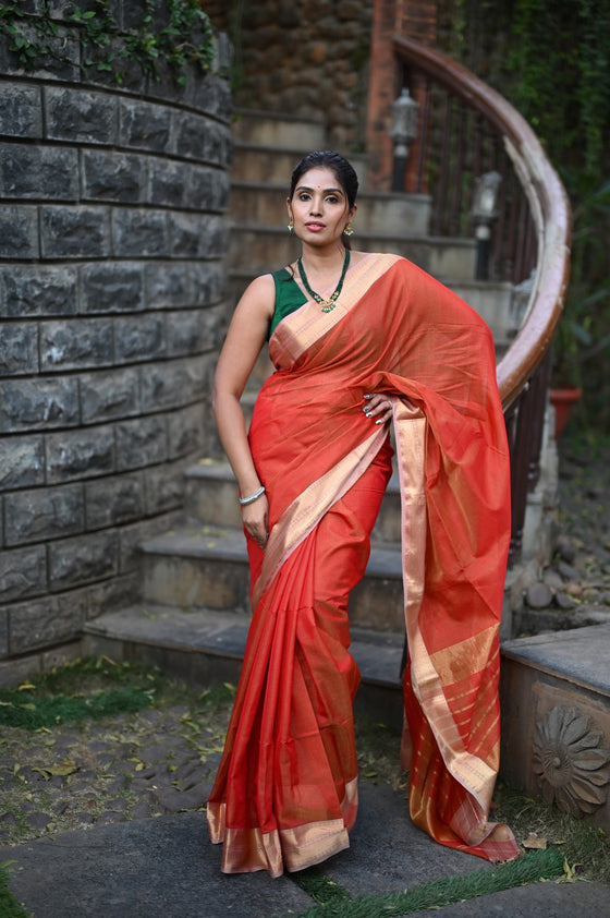Tarang ~ Handloom Cotton Silk Sleek Designer Border in Besteller Orange Red