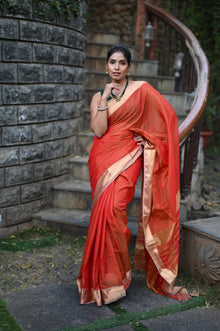  Tarang ~ Handloom Cotton Silk Sleek Designer Border in Besteller Orange Red