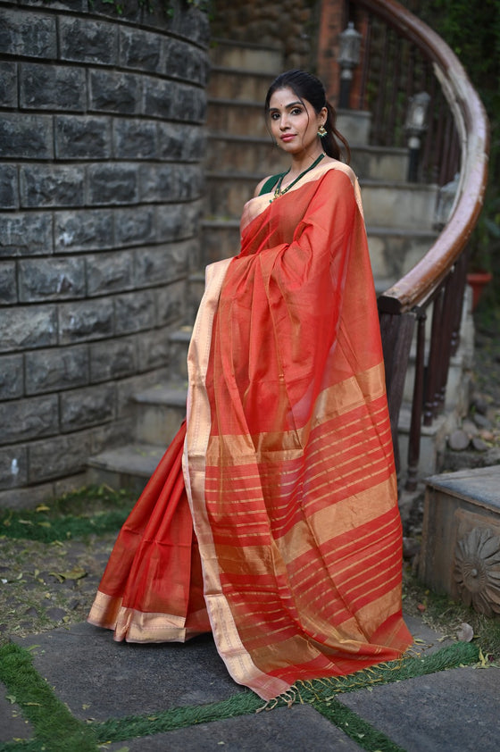 Tarang ~ Handloom Cotton Silk Sleek Designer Border in Besteller Orange Red