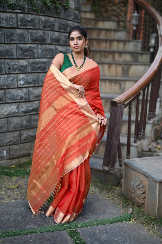 Tarang ~ Handloom Cotton Silk Sleek Designer Border in Besteller Orange Red