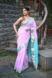  Tarang ~ Handloom Cotton Silk Sleek Designer Border in Lilac Pink & Blue